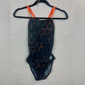 Speedo Emerging Force Flyback One Piece Black Orange Swimsuit Size 30